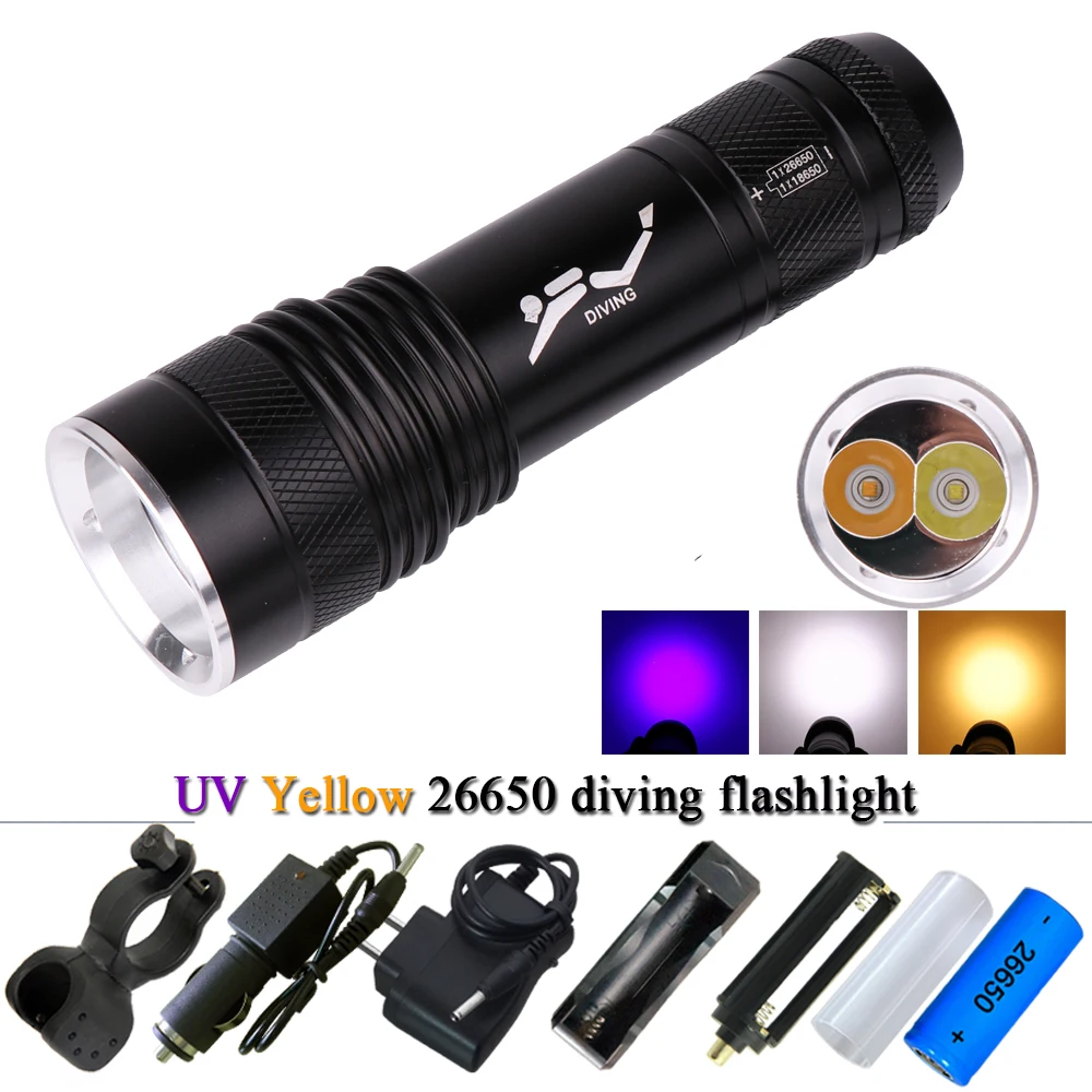 Uv Yellow White Diving Flashlight Cree Xml2 18650 26500 Led Underwater