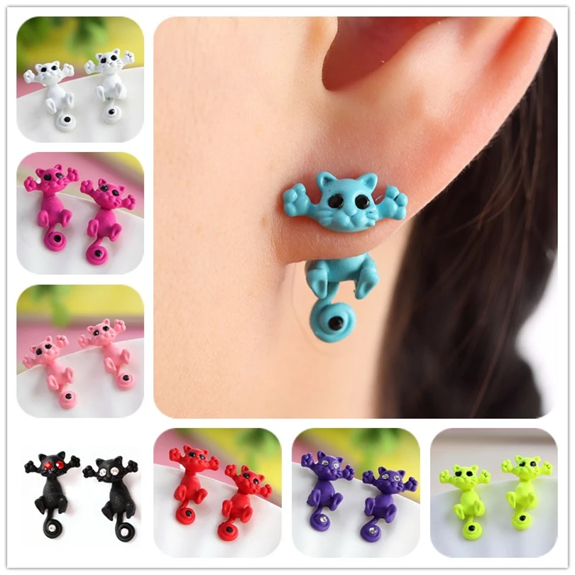 12 style Fashion Colourful bijoux 3D Black eye Cute Small Cat Stud Earrings For Women Fine