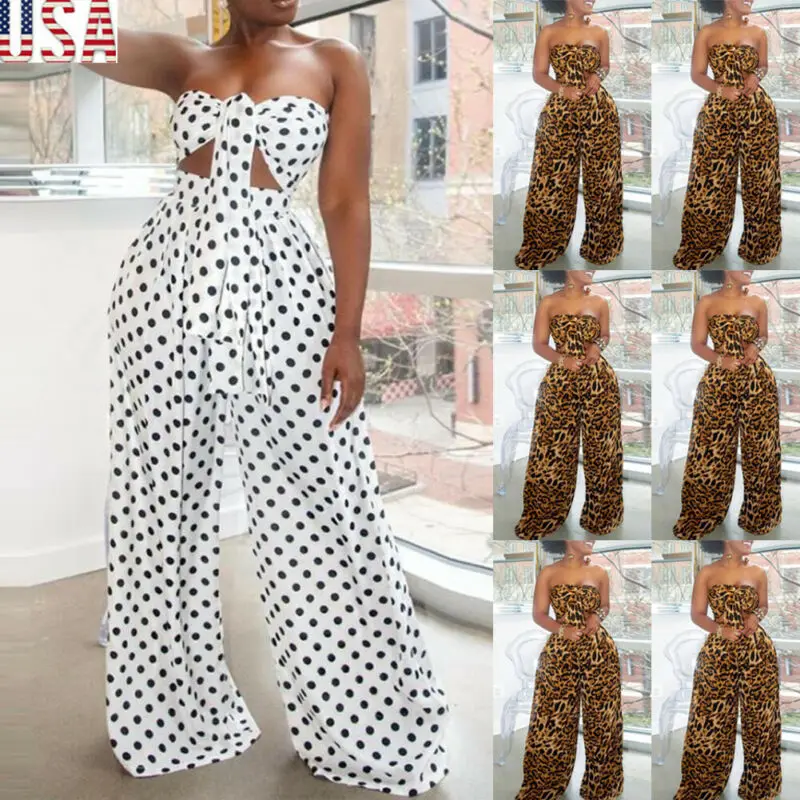 

US Women 2 Piece Outfits Sleeveless Crop Top Pants Set Casual Jumpsuit Summer Strapless Flare Pant Suit Matching Outfits Sexy