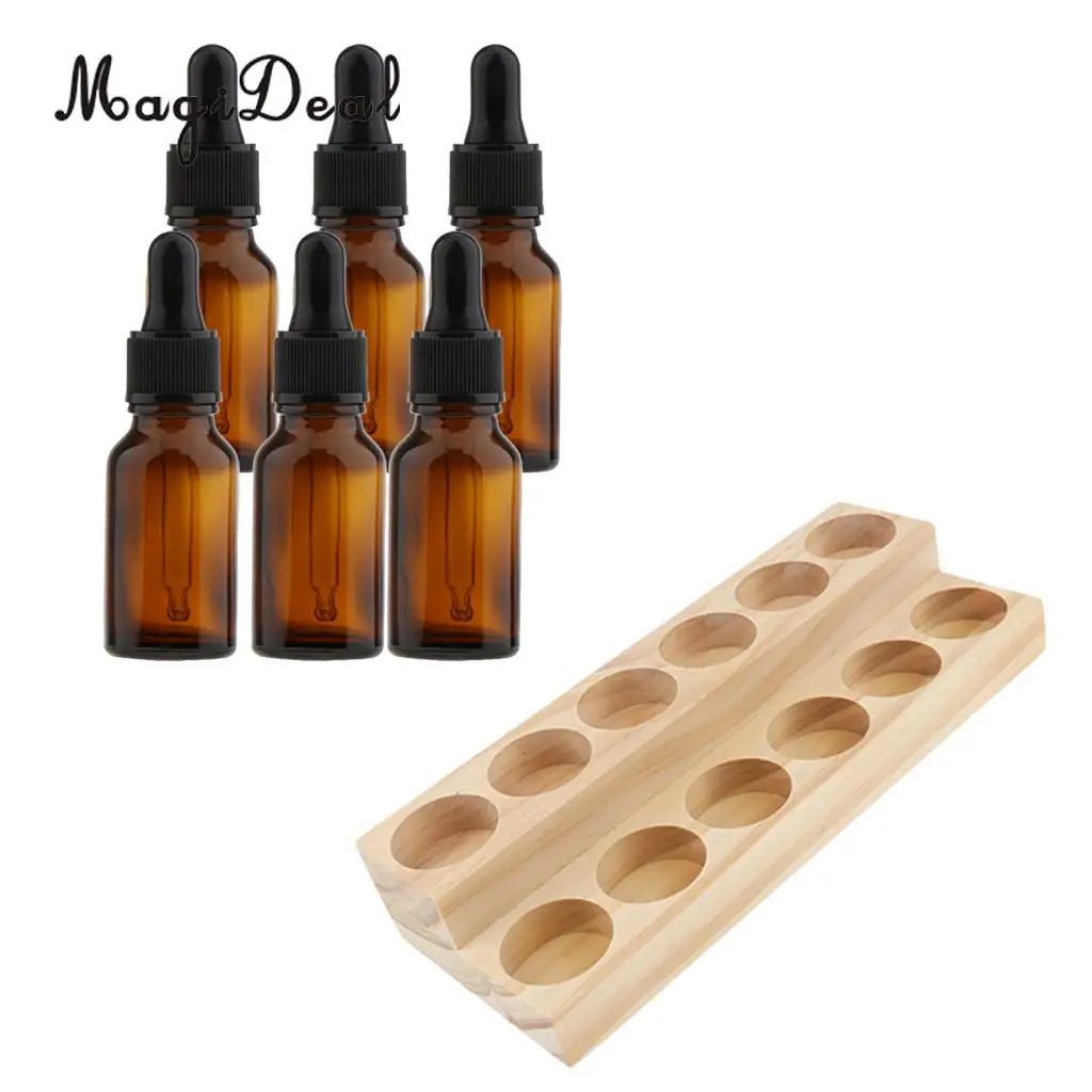 Handmade Wood Essential Oils Display Rack 12 Holes Stand Holder with 6 Refillable Empty Amber Glass Bottles Containers
