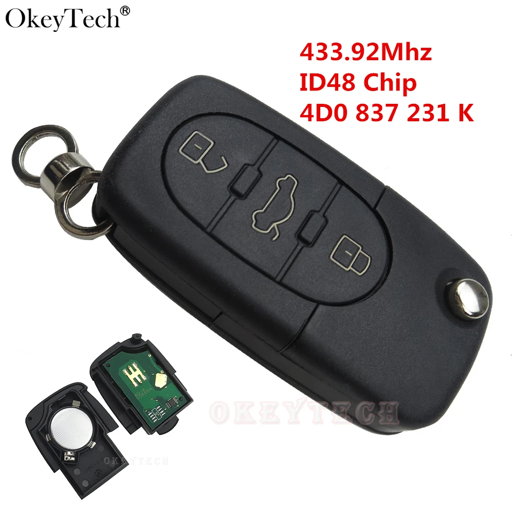 Okeytech дистанционный ключ без ключа замена 3 кнопки 433,92 МГц 4D0 837 231 к 4D0837231K для Audi A2 A3 A4 A6 A8 TT ID48 чип
