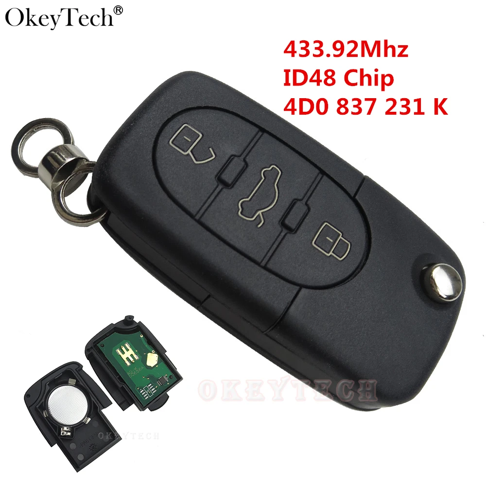 Пульт дистанционного управления Okeytech 3 кнопки 433 92 МГц 4D0 837 231 K 4D0837231K для чипа Audi A2