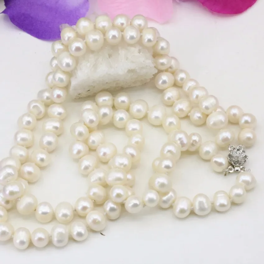 8-9 мм Пресноводный Культивированный натуральный белый жемчуг бусы 2 ряда ожерелье для женщин цепь Чокер Модные подарки Ювелирные изделия 18 дюймов B3229