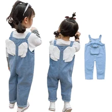 Джинсовые комбинезоны для девочек; сезон весна-лето; модные новые детские джинсовые брюки на подтяжках; Повседневные детские комбинезоны с крыльями ангела; Комбинезоны на спине