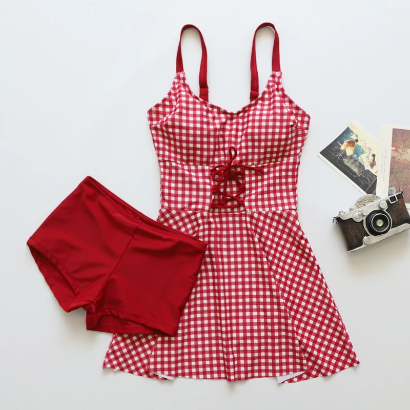 

of shoulders grid) suits female body skirt boxer belly show thin chest hot spring women gather together a swimsuit