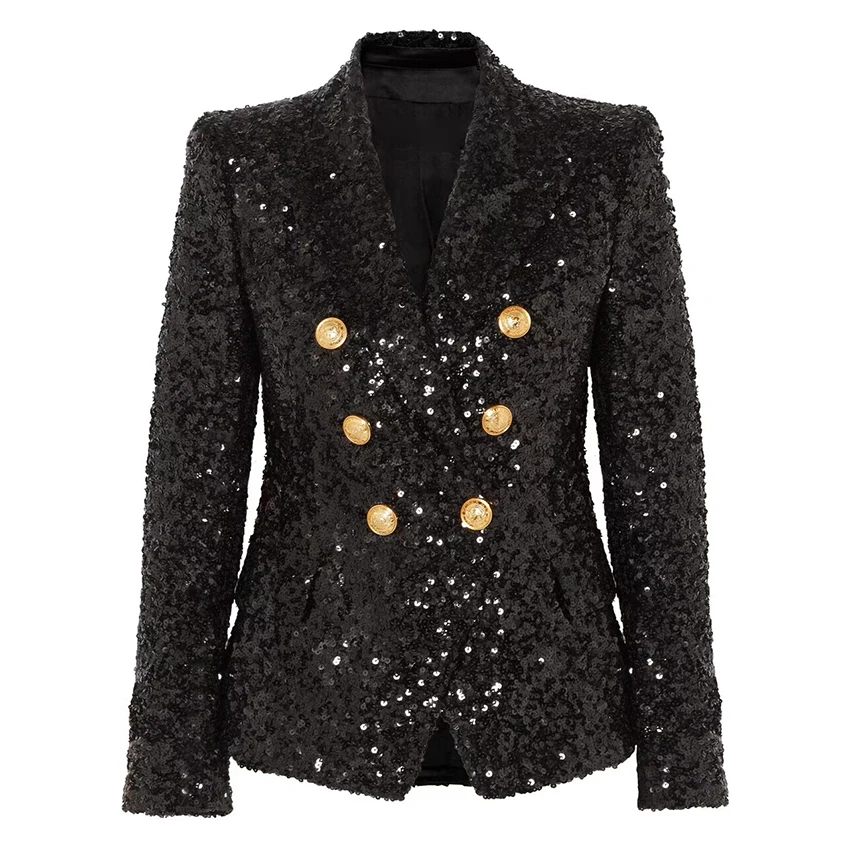 

TOP QUALITY Newest Fashion 2019 Designer Stylish Blazer for Ladies Gold Metal Buttons Bling Sequined Blazer Jacket Outer Wear