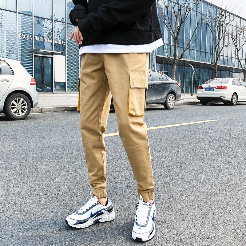 khaki Men's Cotton More Pocket Trousers Bound Feet Fashion Casual Pants Male Black/khaki Color Joggers Sweatpants Big Size M-5XL - Color: khaki