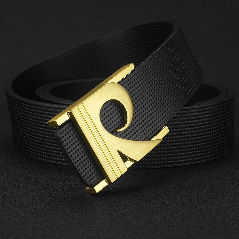 Off White Letter R Belt мужской высококачественный дизайнерский роскошный бренд из натуральной кожи ремень для молодых мужчин модный стиль cintos masculinos - Цвет: Black Golden-buckle