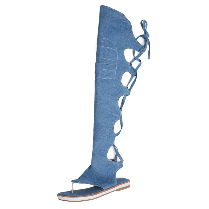 

Women Sandals Flat Beach Shoes Denim Clip Toe Lace Up Knee High Gladiator Summer Boots Sexy Fashion Casual Black Blue Beige