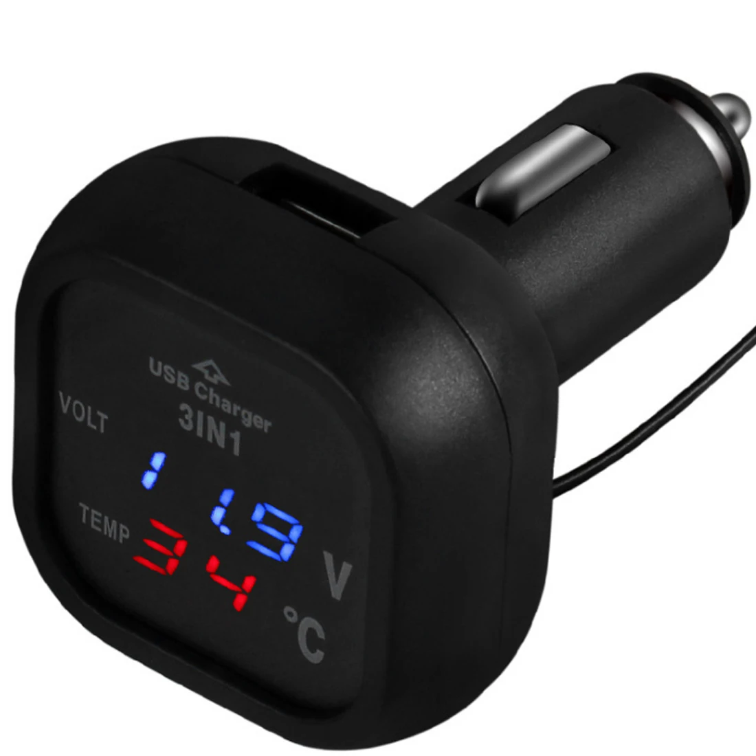 

3 in 1 Digital LED Car Voltmeter Thermometer Auto Car USB Charger 12V/24V Temperature Meter Voltmeter