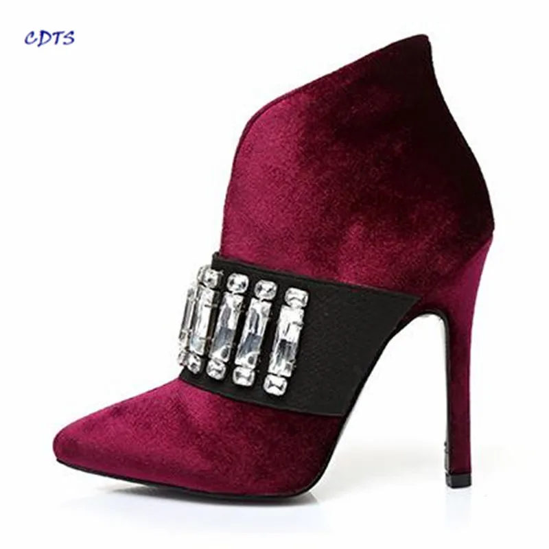 

CDTS Zapatos Mujer 11cm thin high heels Ankle boots trend personality rhinestone velvet pointed toe female shoes woman pumps