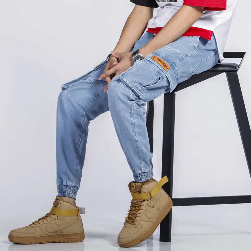 Мужские джинсовые брюки карго синие шаровары для бега модные ковбойские в стиле