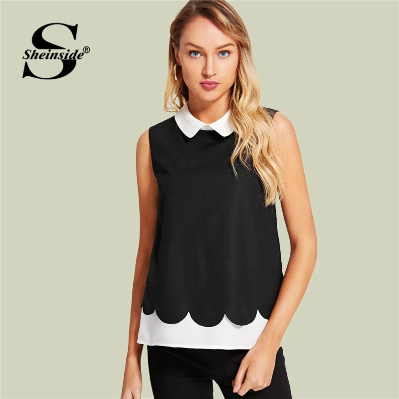 Sheinside Black Contrast Shirt Women Turn Down Collar Sleeveless Colorblock Top 2018 Summer Office Work Blouse