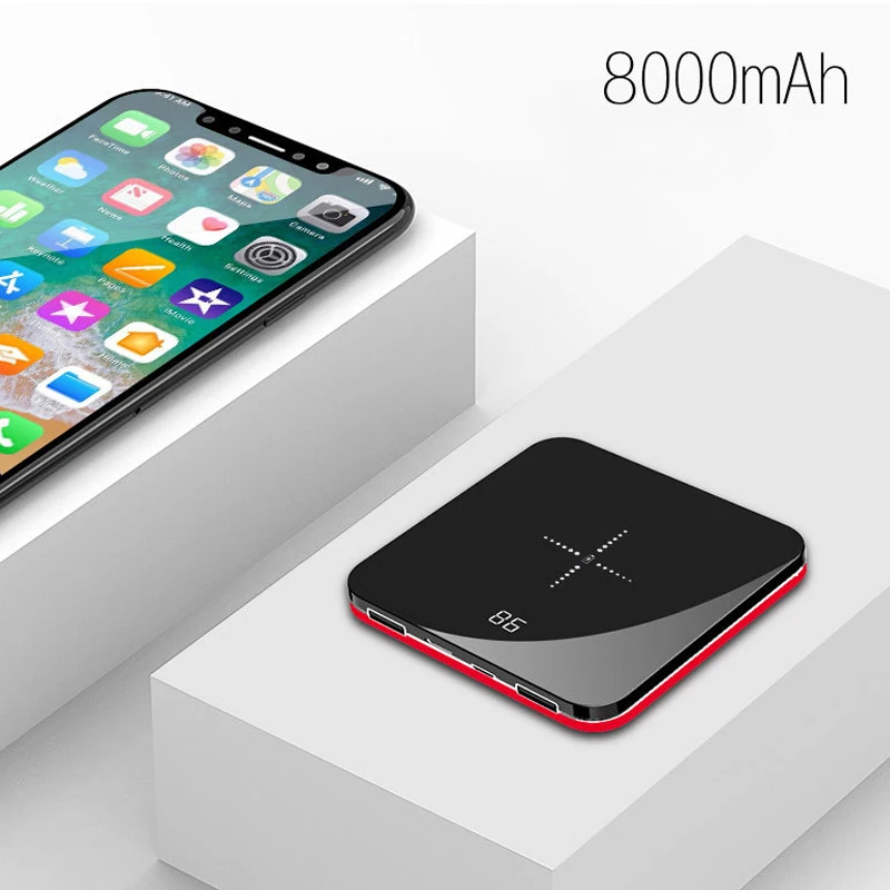 8000 мА/ч мини внешний аккумулятор с двойным USB зеркальным экраном Qi Беспроводное зарядное устройство для iPhone X XR 8 Xiaomi беспроводной резервный повербанк