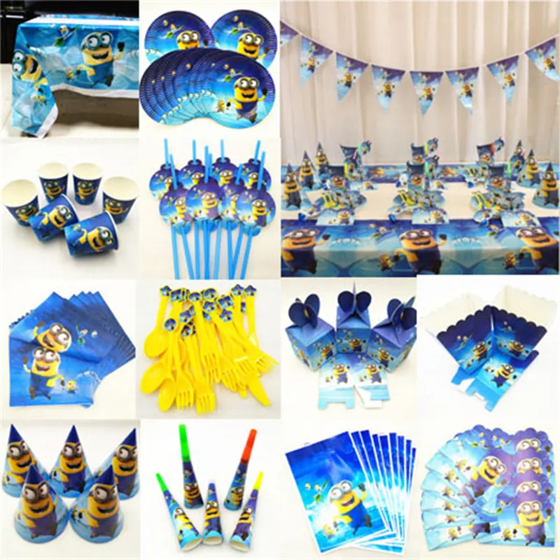 

Birthday party decorations minions Tablecloth Cup Plate Straw Napkin Cap Gift Candy Popcorn Box Card birthday minions supplies