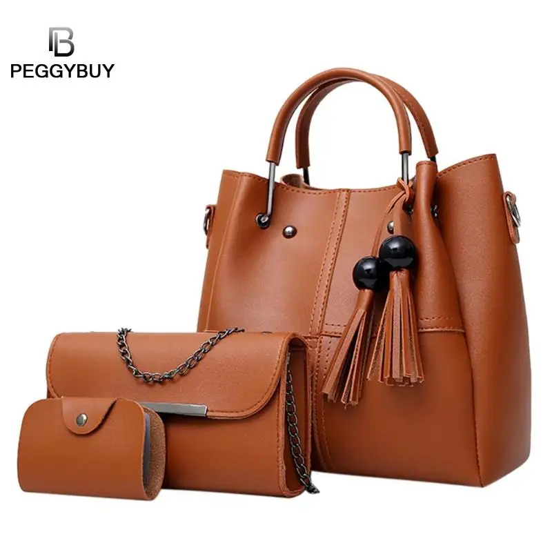 preço Mulheres 3 pçs set Cadeia Borlas Sacos de Ombro Moda Embreagem Projeto Saco Cartão PU Multiuso Composto Ocasional Bolsas Simples Conjunto