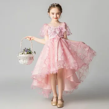 

2019New Noble Children Girls Summer Princess Sleeveless Front Short Back Long For Wedding Birthday Party Appliques Flowers Dress