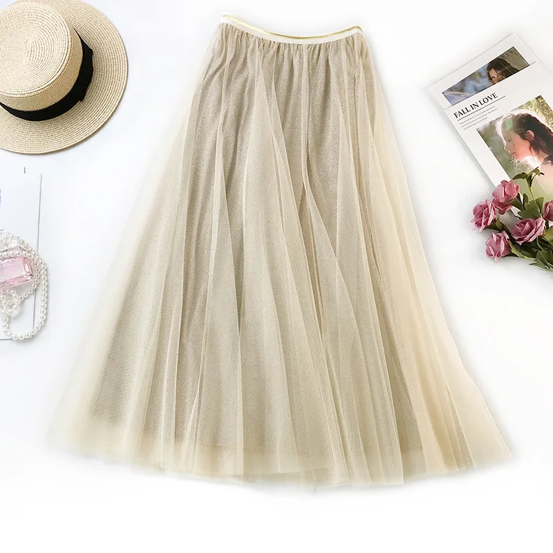 

2019 Spring and Summer High Waist Slimming A Word Mesh Fishtail Skirt Korean Version of The Big Swing Skirt New Black Metallic