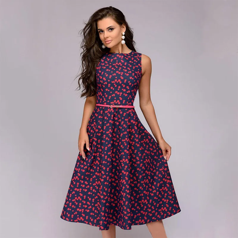 

Brand Women Elegant A-line Dress Vintage Print Party Dresses Vestidos Sleeveless Red Midi Slim Summer Floral Dress Casual Tunic