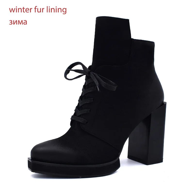 WETKISS/зимние женские ботильоны на высоком толстом каблуке; женские ботинки на платформе с квадратным носком и шнуровкой из толстого плюша; женская обувь; - Цвет: black thick plush