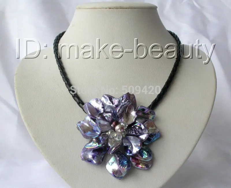 

Free Shipping >classic baroque freshwater cultured pearl shell flower leather necklace