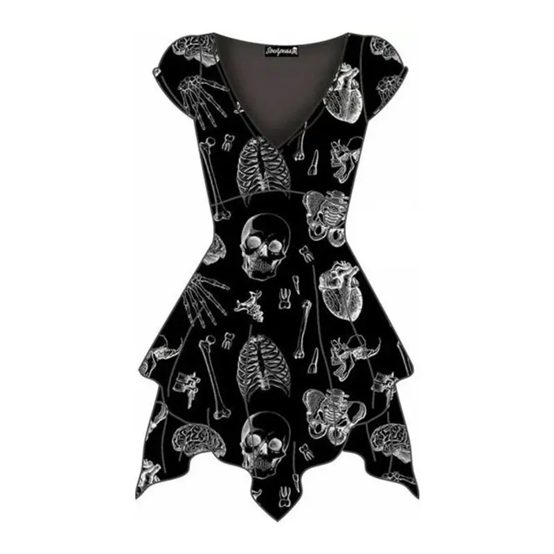 

Summer Sexy Dress Women Gothic Skull Printed Stylish Asymmetric Plus Size Black V Neck Streetwear Slim Ladies Club Short Dresses
