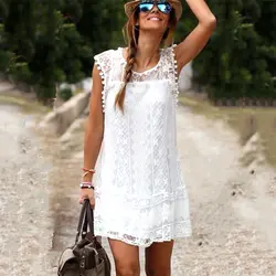 Горячее летнее пляжное платье сексуальное женское повседневное пляжное короткое платье без рукавов с кисточками однотонное Белое Мини
