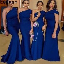 2019 elegante fuera del hombro tipo sirena de satén largo vestidos de dama de Honor fruncidos Split Sweep Train boda invitado vestidos de dama de Honor