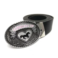 Black Pu leather Cowgirls belt oval heart shape horse pink cowgirl up metal belt buckle Belts for women jeans cinturon mujer