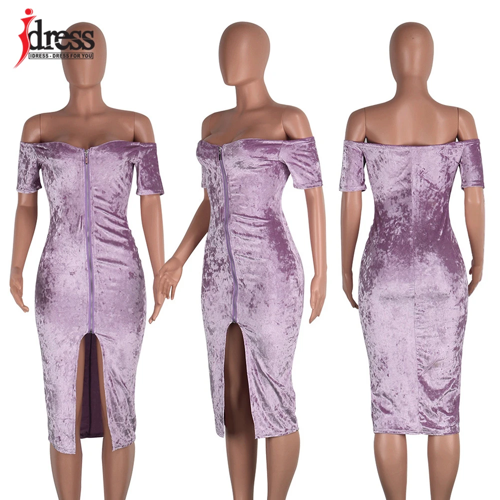 IDress 2017 Winter Velvet Dress Sexy Women Short Sleeve Strapless Backless Bodycon Bandage Dress Zip Spilt Club Party Dresses (2)
