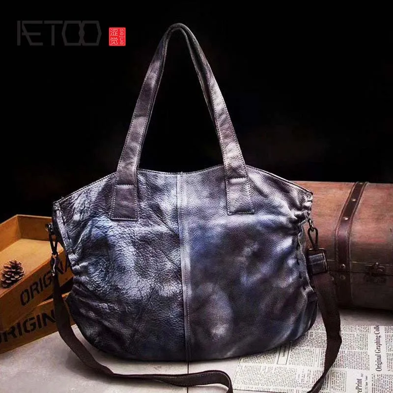 

AETOOLeather bag female new first layer leather lady retro literary simple manual color shoulder bag Messenger bag large