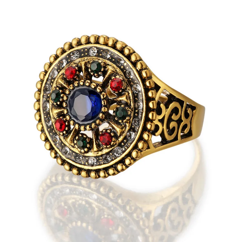 

Vintage Crystal Flower Ring Antique Gold Color Turkish Metal Rhinestone Rings For Women Party Jewelry Anel Anillo