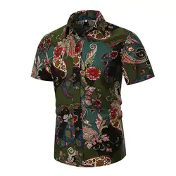 Мужские льняные рубашки кешью Принт с цветком пляжные свободна блузка Для мужчин s Костюмы с коротким рукавом новые модели рубашек красный