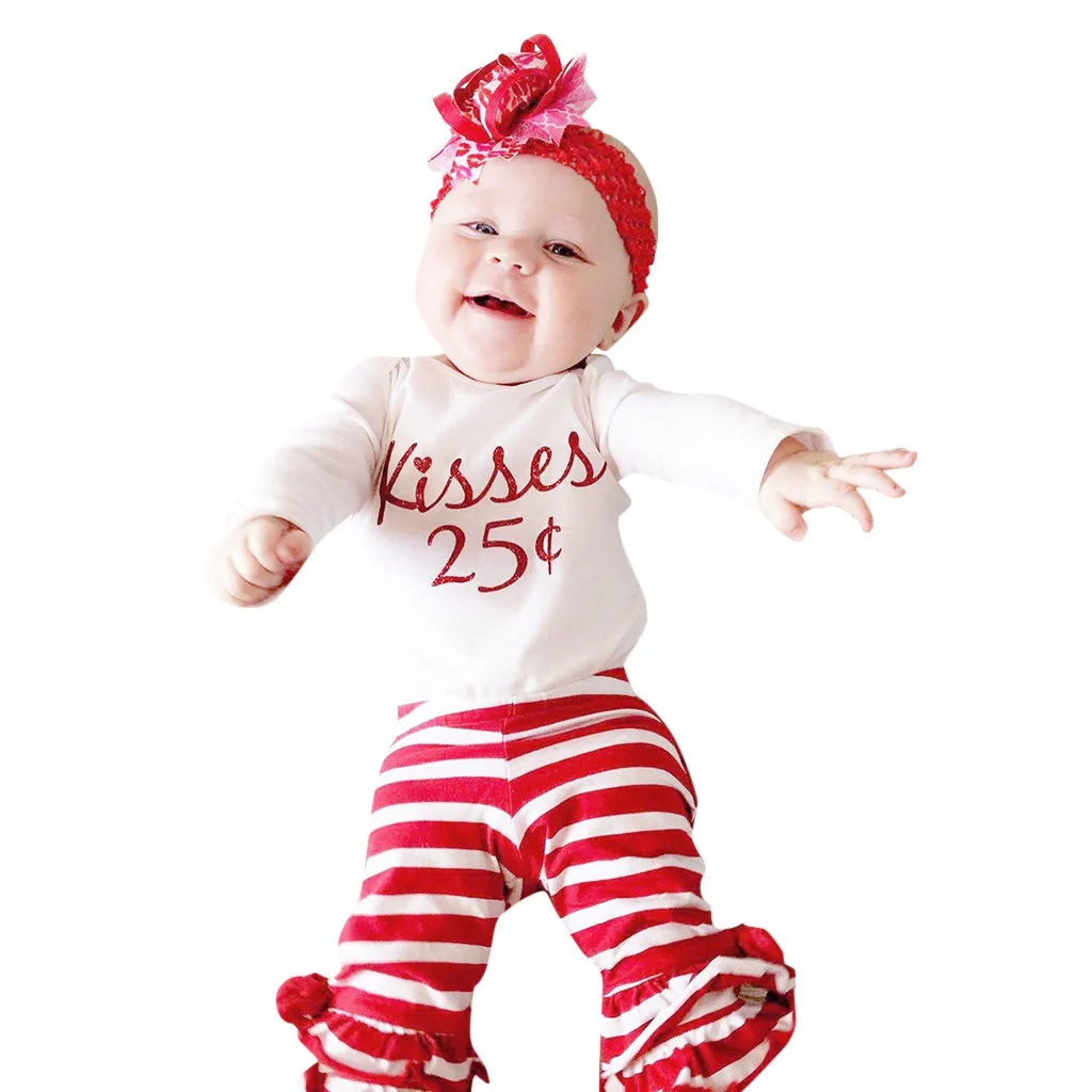 Детская одежда Мода новорожденных для маленьких мальчиков наряды для девочек буклет Топы полосатые брюки Комплект Валентина Cloting L1205