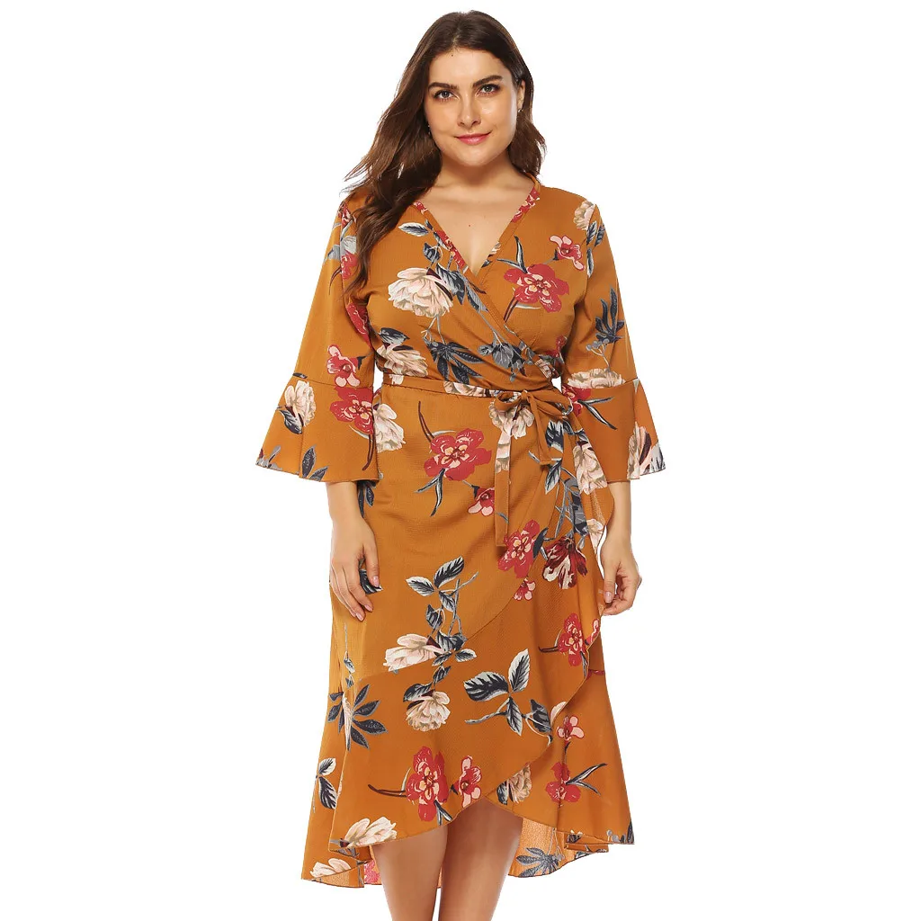 

Women's Summer Bohemia Deep V-neck High Waist Loose Thin Bandage High Waist Sexy Fashion Print Large Size Dress платье 41*