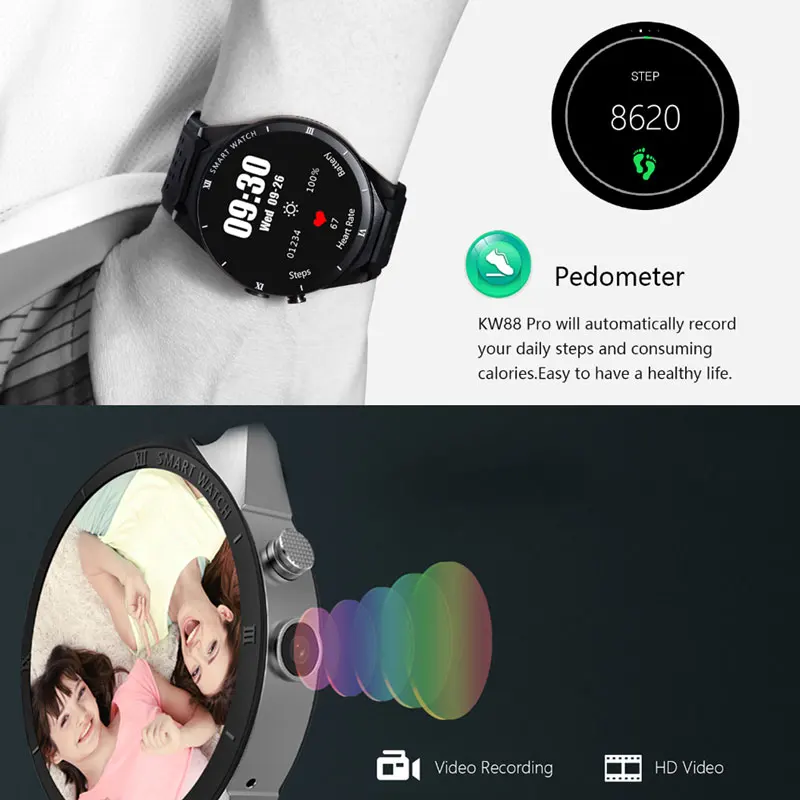 KW88 Pro Men Smart Watch 2MP Camera 1GB RAM 16GB ROM SIM Card 3G WIFI GPS Android 7.0 Smartwatch Heart rate monitor Phone Watch