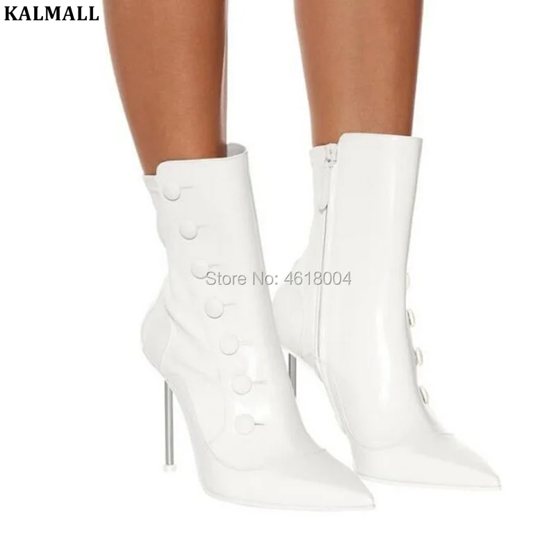 

KALMALL Women White Boots Patent Leather High Heels Faux Button Boots Zip Shoes Women Pointed Toe Heels Runway Boots Women