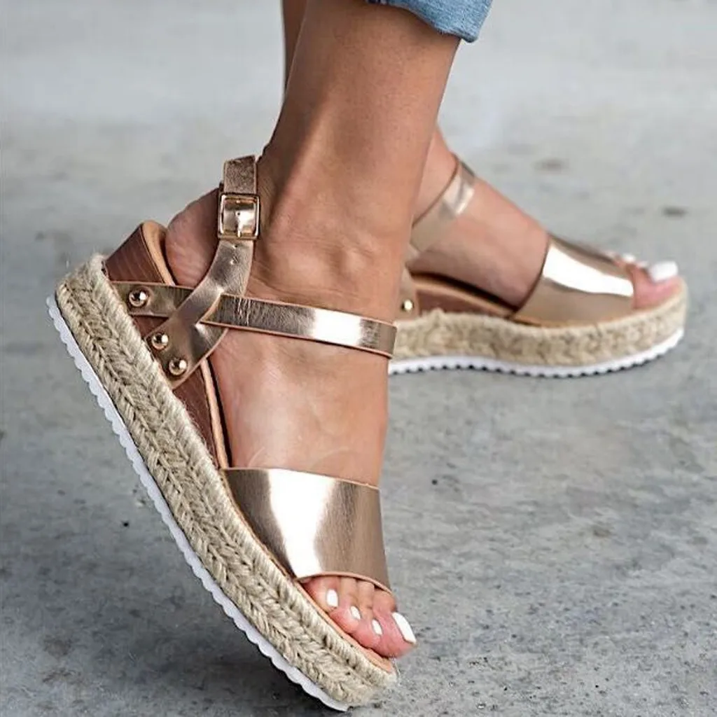 

Large size hemp thick sandals Women Summer Fashion new Winding Sandalss Buckle Strap Wedges Platform Retro Peep Toe Sandals J20