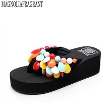 С отделкой бисером в богемном стиле Для женщин повседневные сандалии на танкетке; обувь на платформе на очень высоком каблуке; женские пляжные сандалии с бахромой; Вьетнамки с подошвой из цельного дерева; k4