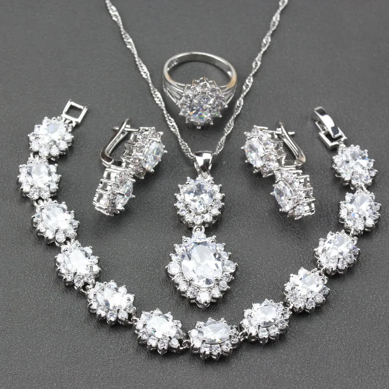 

6-Color Pure Wedding White Zircon 925 Sterling Silver Jewelry Sets Ring Size 6/7/8/9/10 Bracelet Length 20CM Free Gift Box