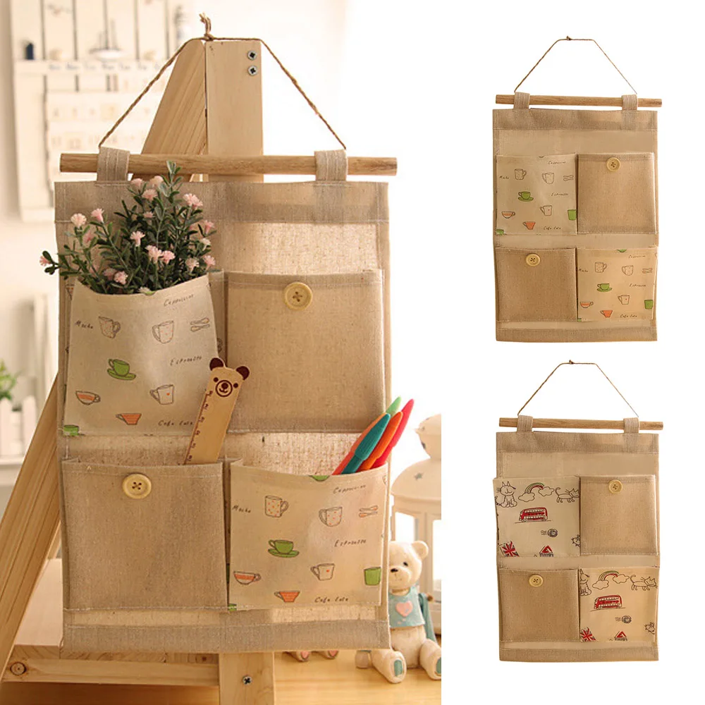 Behogar القطن الكتان 4 جيوب القطن الكتان حقيبة تخزين قابلة للحمل الحائط خزانة حديقة معلقة الجدار الحقيبة التجميل لعبة المنظم