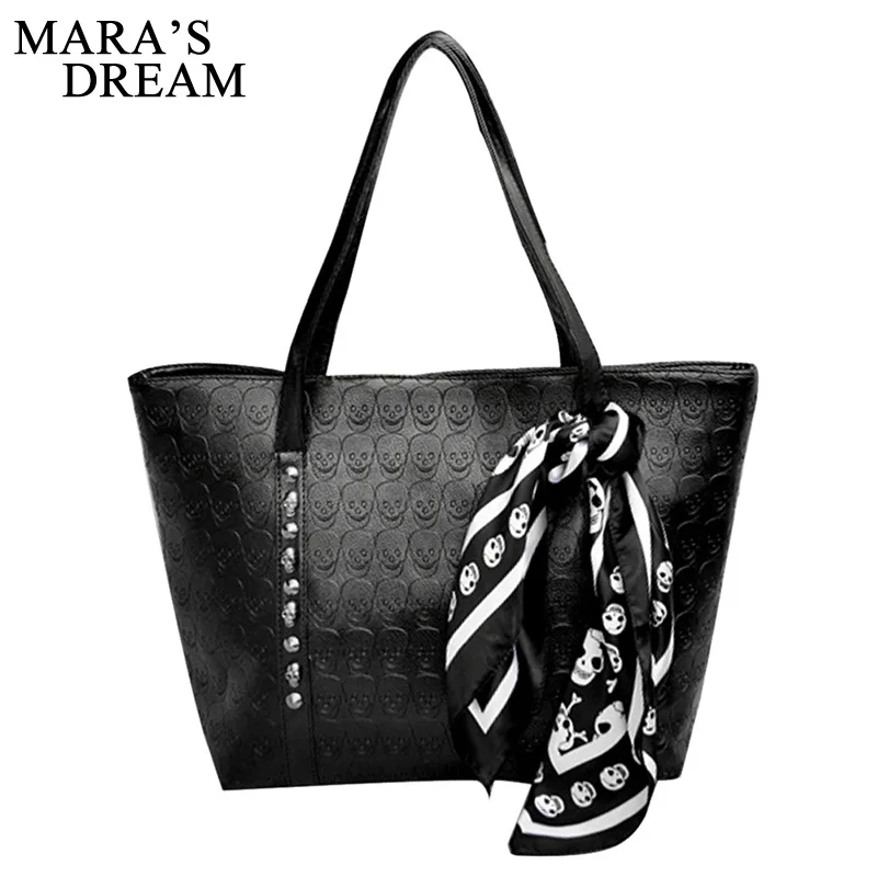 

Mara's Dream 2018 Women's Handbag Cool Skull Shoulder Bags With Scarf Large Capacity Hand Bags For Women PU Leather Rivet Bags
