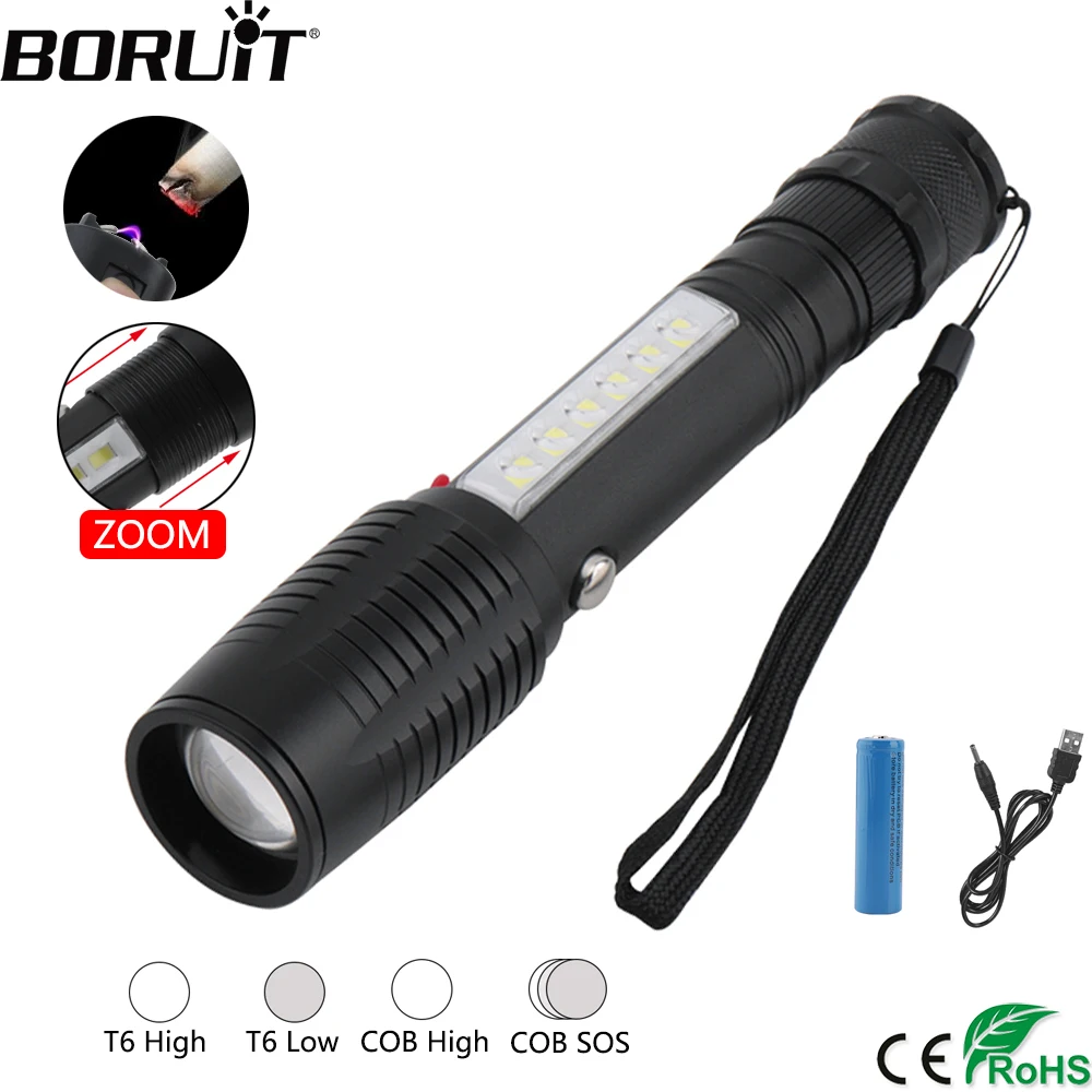 

BORUiT XML T6 LED Flashlight 4-Mode Zoom Torch IPX4 Waterproof Flash Light Camping Hunting Lantern with Cigarette Lighter