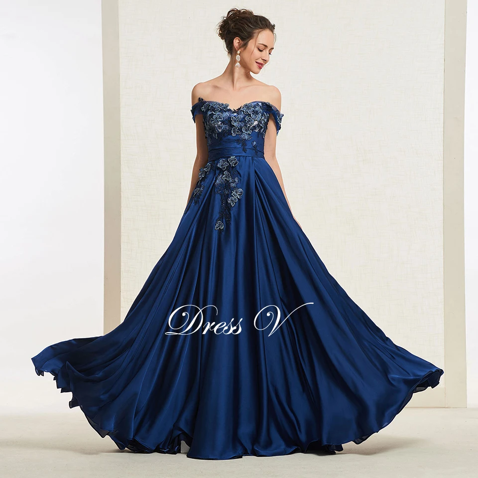 Dressv темно-синее длинное платье для выпускного вечера с открытыми плечами простое ТРАПЕЦИЕВИДНОЕ ПЛАТЬЕ с аппликацией на молнии длиной до пола вечернее платье платья для выпускного вечера