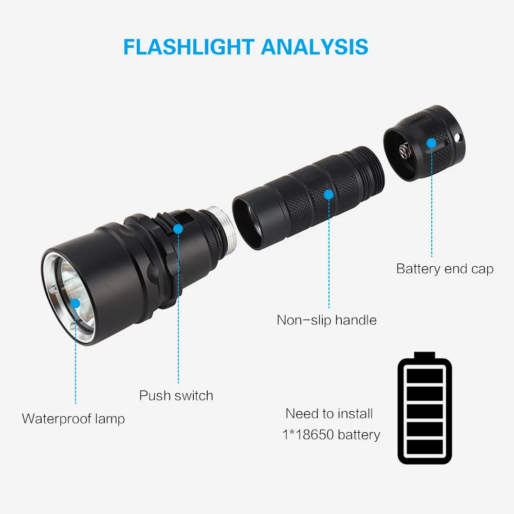 BORUiT 2000LM XML T6 светодиодный фонарик для подводного плавания 80 м уличный фонарик 18650 аккумулятор портативный фонарь