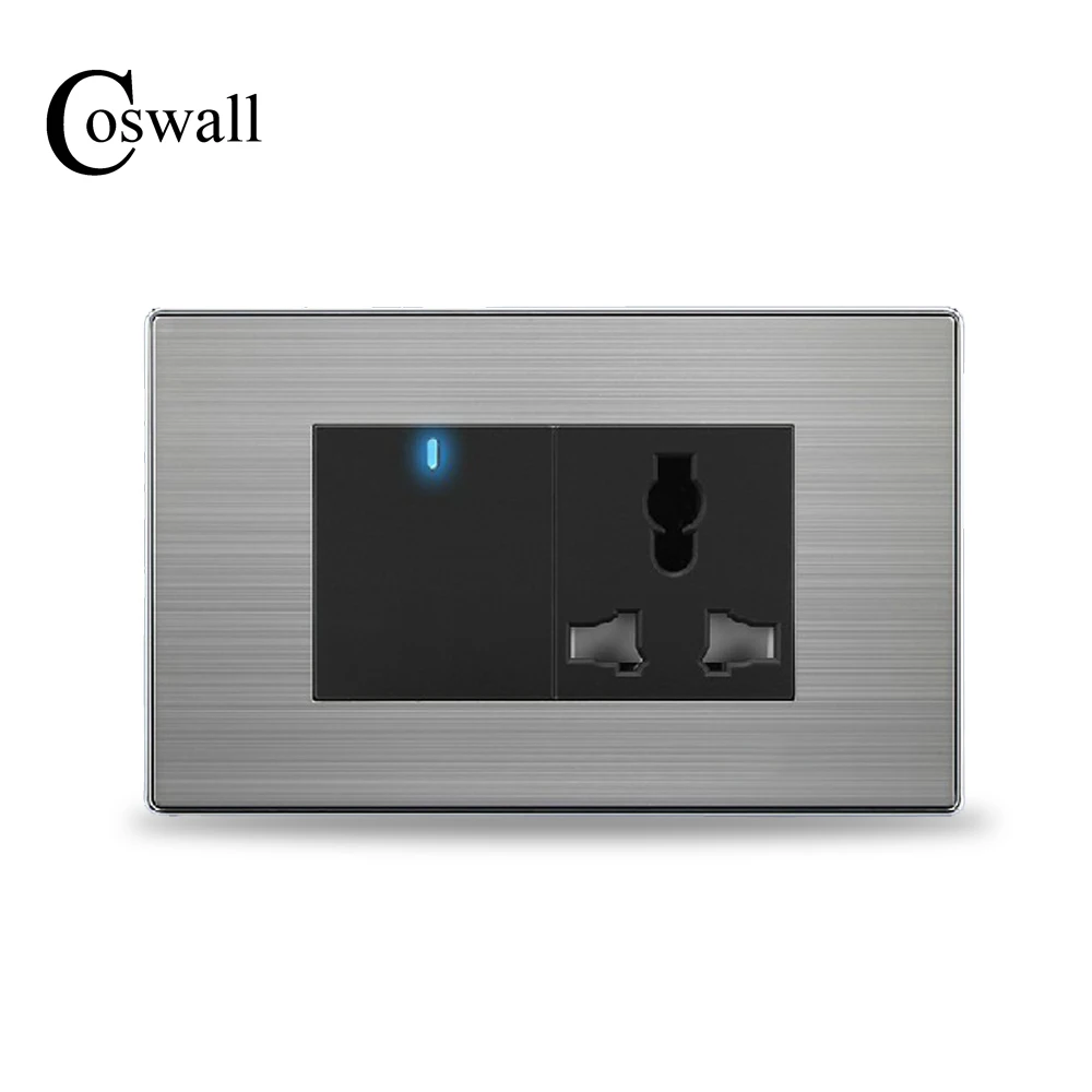 

COSWALL 1 Gang 2 Way Wall Light Switch LED Indicator With 3 Hole Universal Power Socket Outlet Stainless Steel Panel 118 * 72mm