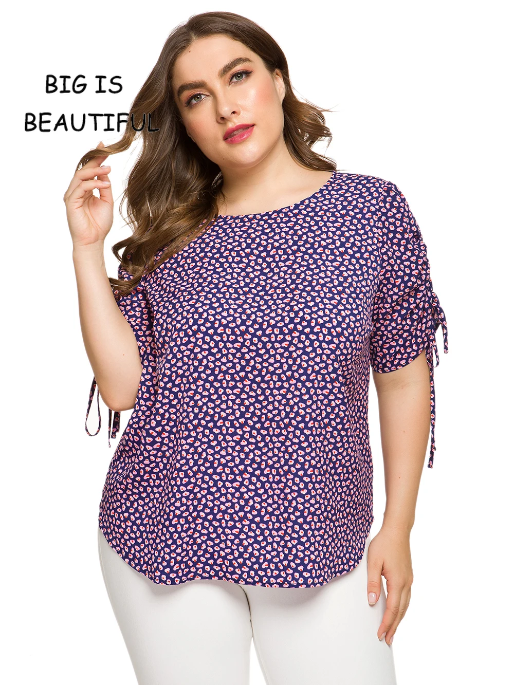

Plus Size Women Short Sleeve O Neck Print Top Big Size 5xl 6xl Bow Tie Rushed Sleeve Casual Ladies Tops Printed Women Blouse