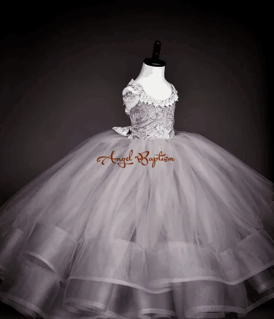 silver and blue flower girl dresses