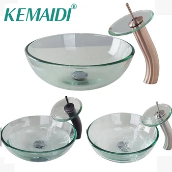 

KEMAIDI Waterfall Basin Faucet Glass Bowl Bathroom Sink Wash Basin Tempered Mixer Set ORB& Antique Copper&Nickel Brushed