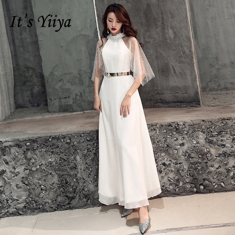 

It's YiiYa Prom Gowns White Simple High Neck Half Sleeves Beading Lace Floor Length Customized Plus Size Prom Dresses 2019 E437